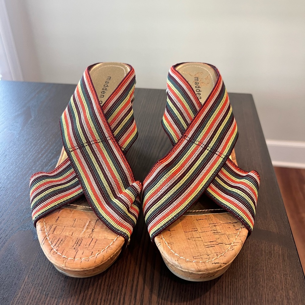 Madden Girl Striped Crisscross Cork Wedge Sandals — Red, Yellow, Green, Blue